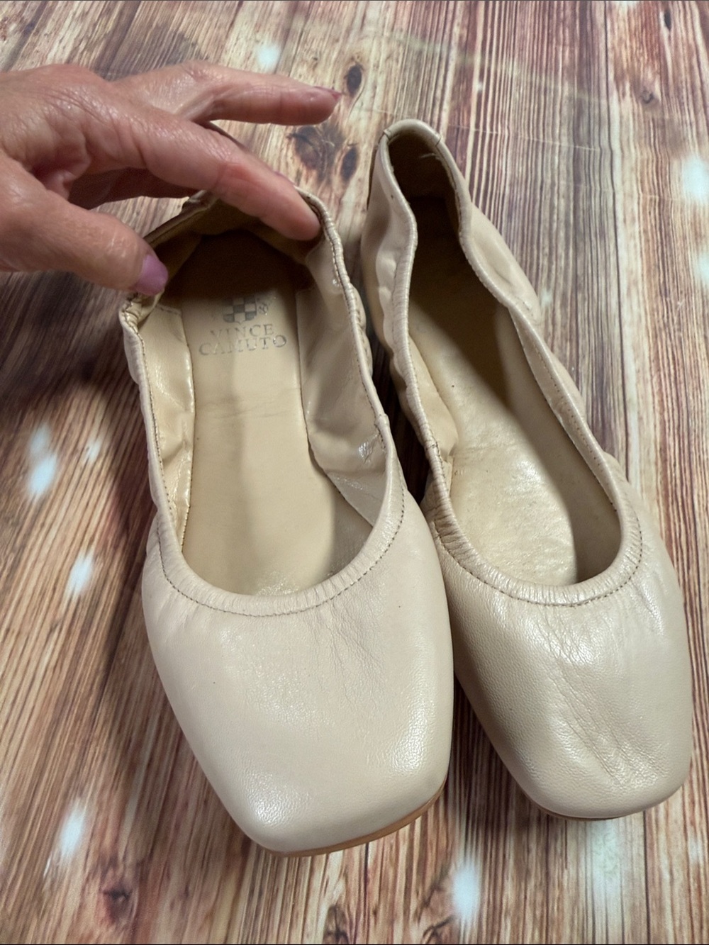 Vince Camuto Beige Leather Square-Toe Ballet Flats